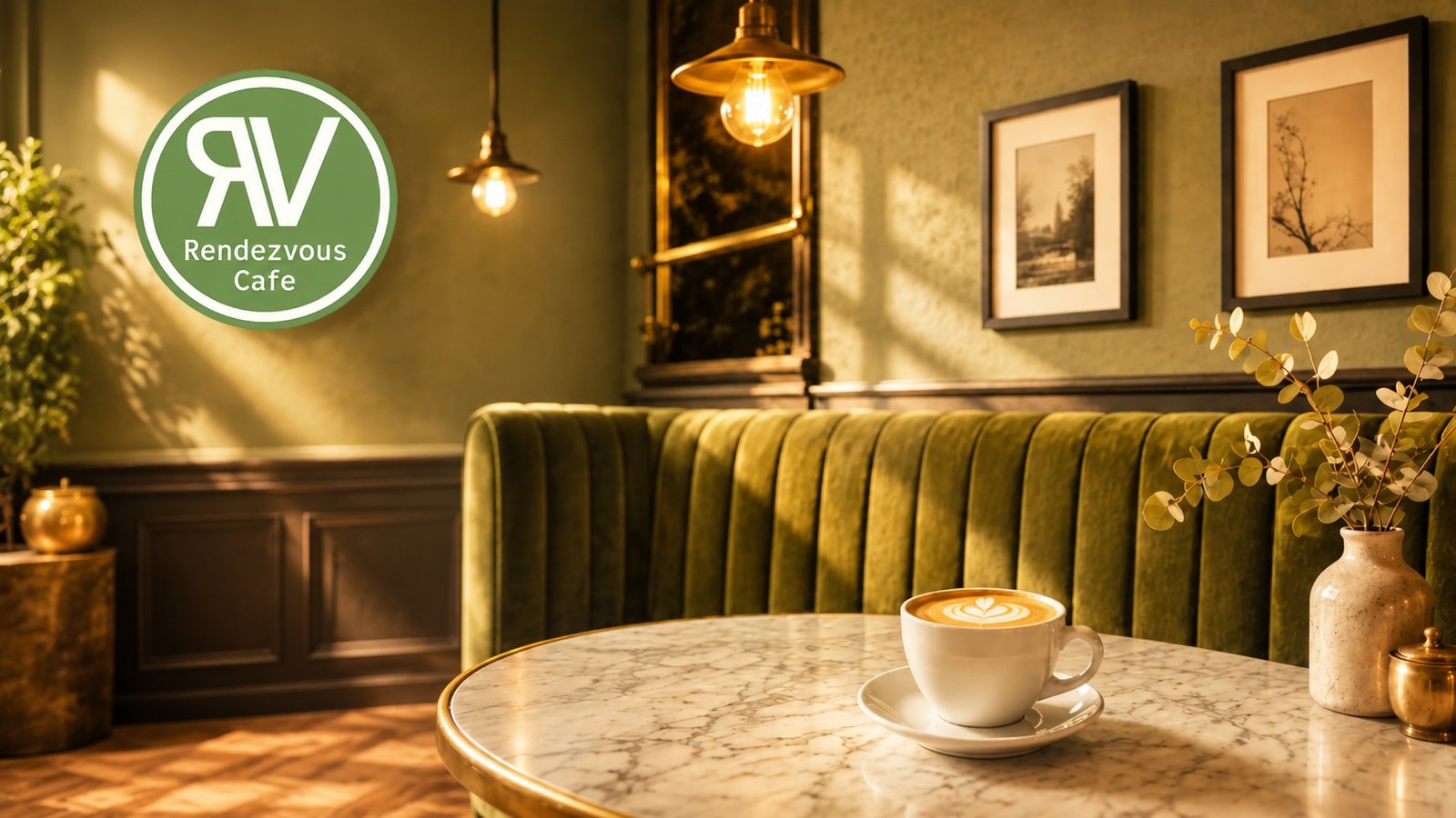 Rendezvous Caffe interior — sage-green booth, warm pendant lighting and a marble tabletop with fresh latte art